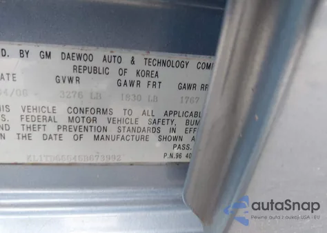 2006 Chevrolet Aveo Special Value from USA, damaged, VIN KL1TD66646B673992